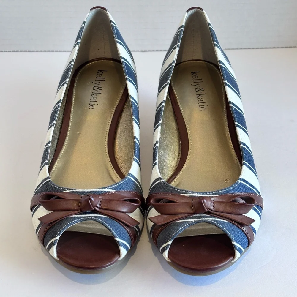 Kelly & Katie Women's Open Toe Low Wedge Cork Heel Blue White Stripe Fabric Shoe